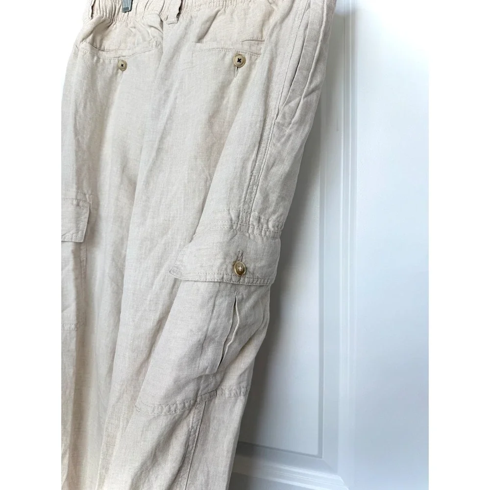 Caribbean Mens 100% Linen Cargo Pants 38x30 Beige Oatmeal Elastic Waist Relaxed